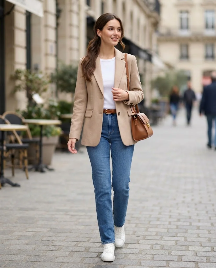 Old Money Outfits With Sneakers: 20+ Classy Outfit Ideas 24 Women Wearing a Beige Blazer and Straight-Leg Jeans With Sneakers