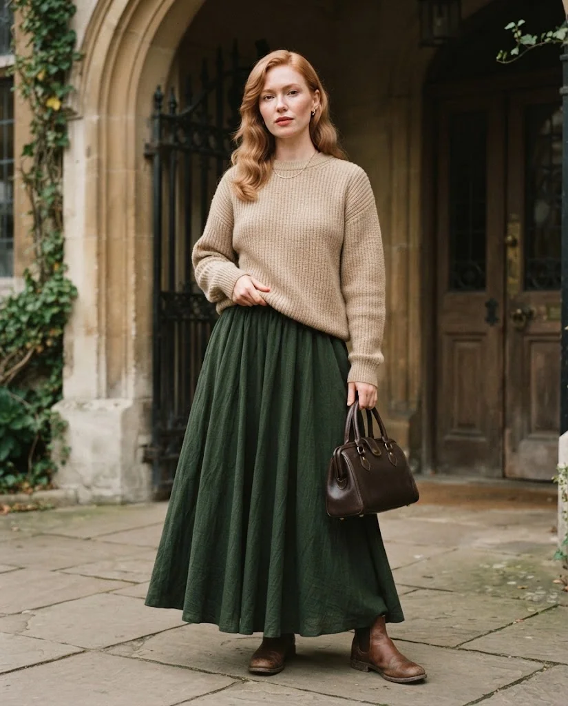 Old Money Outfits With Long Skirts: 20+ Elegant Ideas 7 woman wearing a Beige Knit Sweater With a Dark Green Maxi Skirt