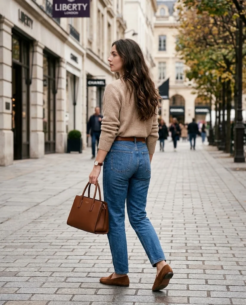 Old Money Outfits With Jeans: 20+ Polished Outfit Ideas 26 Women Wearing a Beige Sweater and Blue Jeans