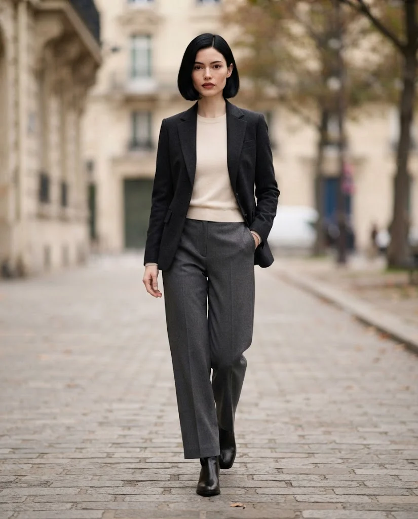 Women Wearing a Black Ankle Boots With Wide-Leg Trousers