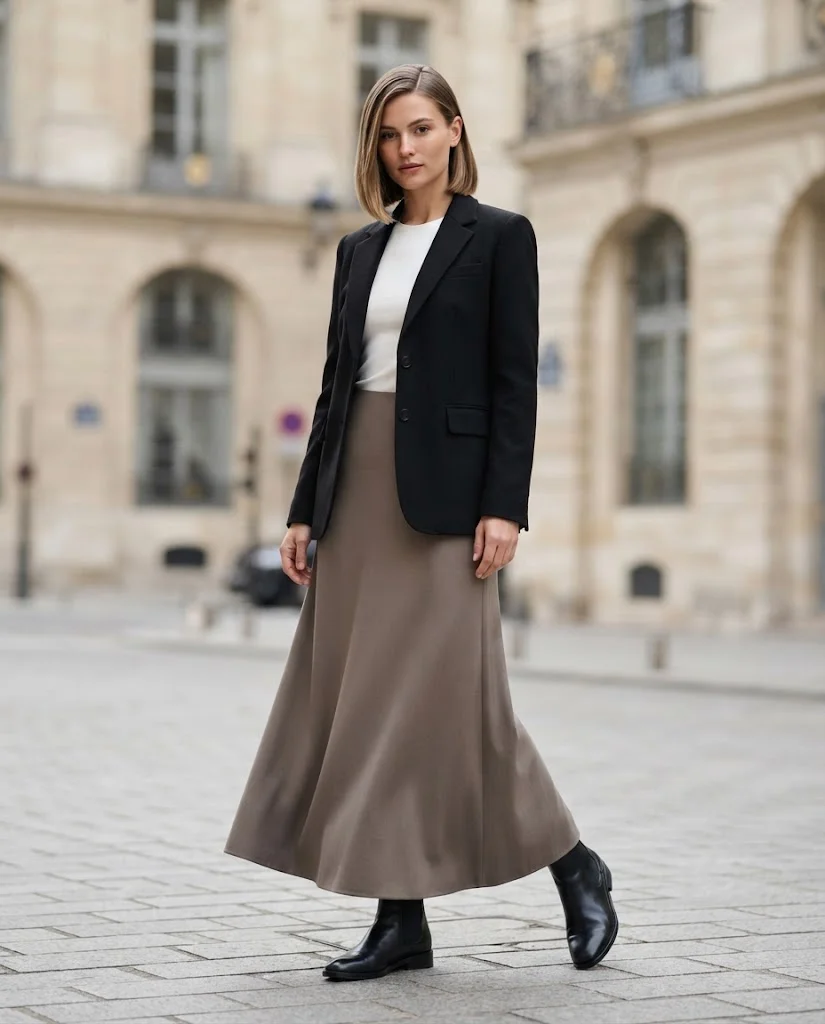 Old Money Outfits With Long Skirts: 20+ Elegant Ideas 19 woman wearing a Black Blazer With a Taupe Maxi Skirt