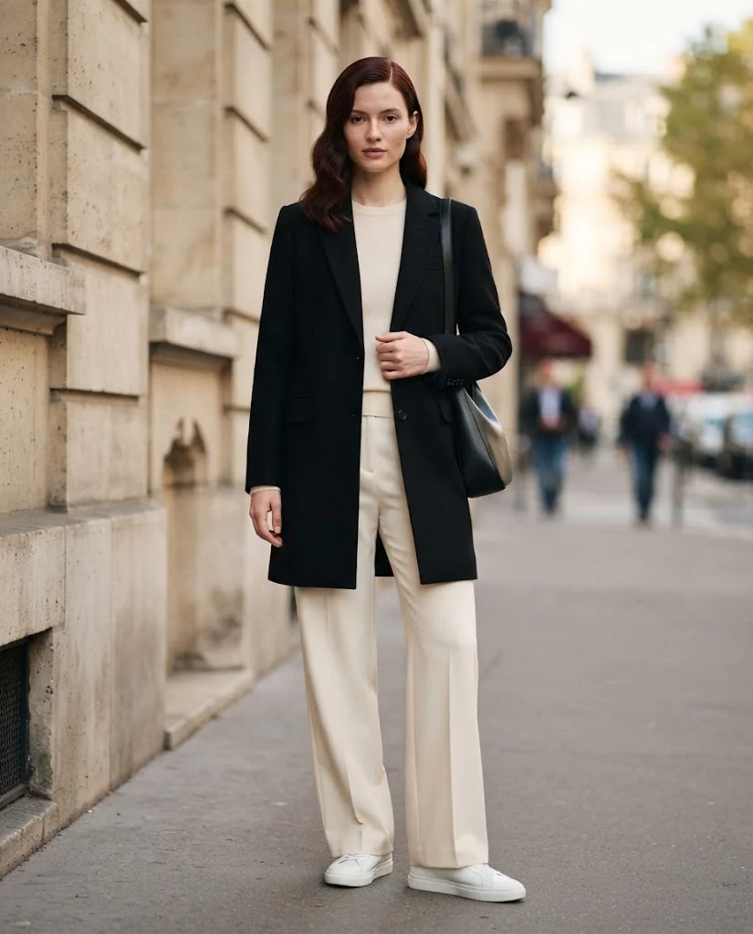 Old Money Outfits With Sneakers: 20+ Classy Outfit Ideas 9 Women Wearing a Black Blazer and Cream Trousers With White Sneakers
