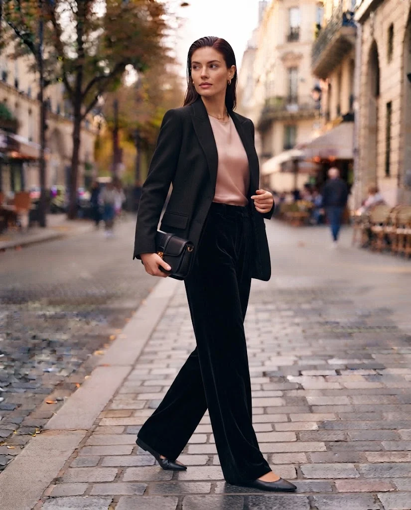 Women Wearing a Black Blazer and Velvet Pants