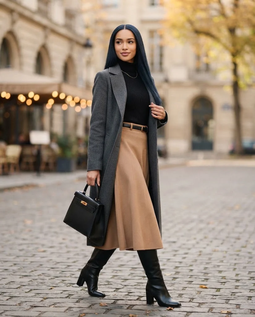 Women Wearing a Black Boots With a Camel Midi Skirt