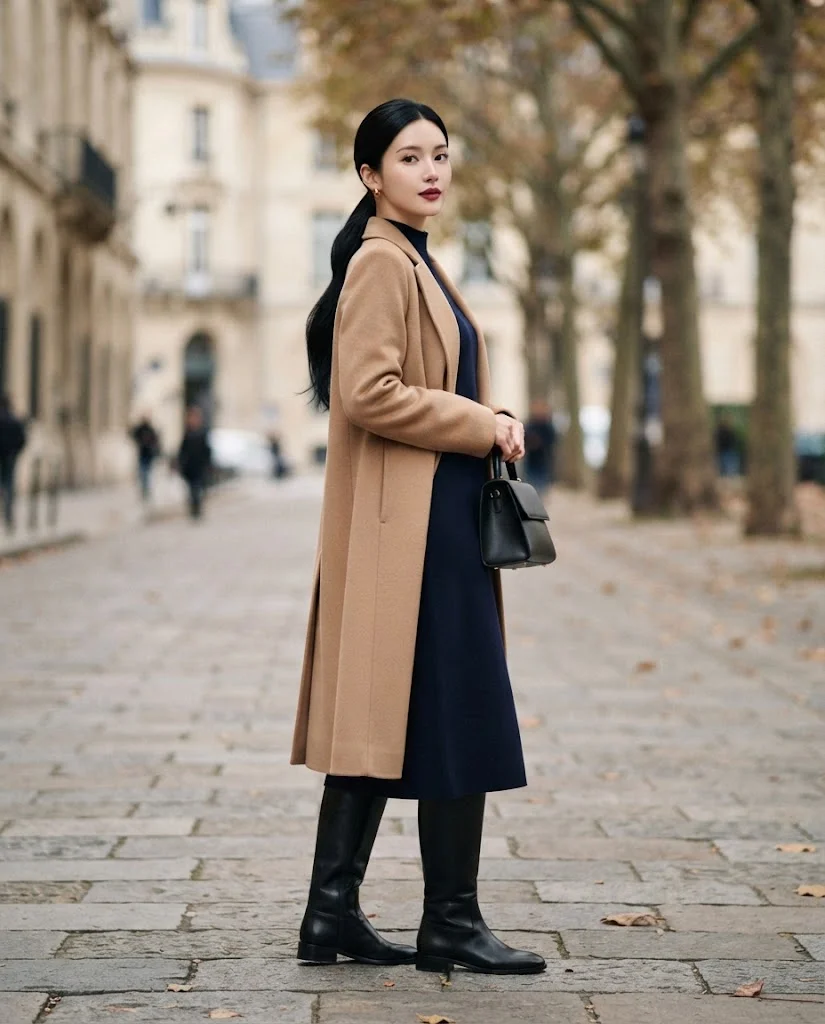 Women Wearing a  Black Knee-High Boots With a Navy Dress