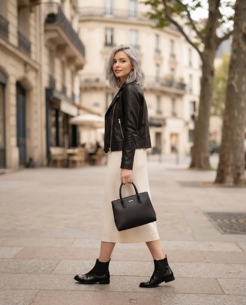 Women Wearing a  Black Leather Jacket With Cream Knit Dress
