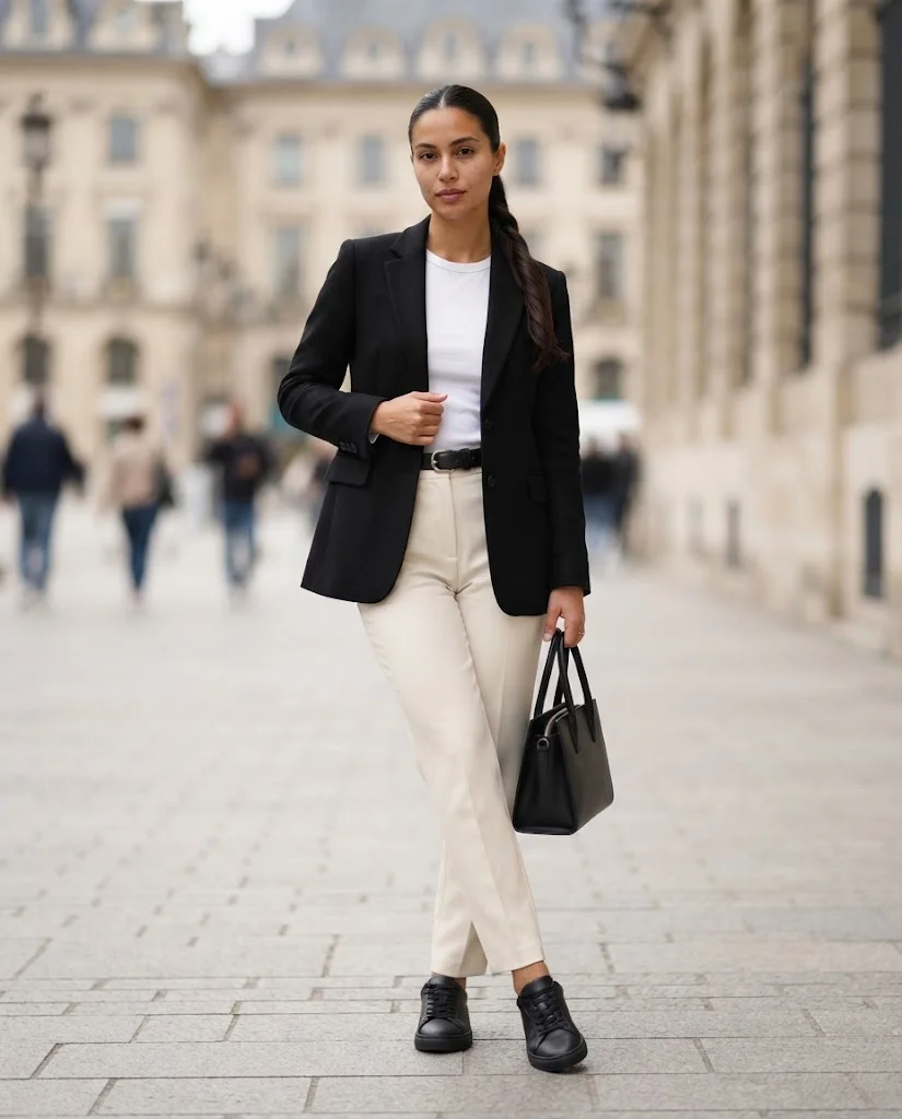 Old Money Outfits With Sneakers: 20+ Classy Outfit Ideas 39 Women Wearing a Black Sneakers With Tailored Pieces