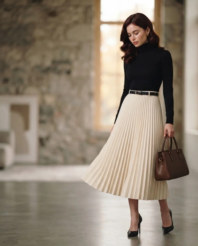 women wearing  Black Turtleneck With Pleated Midi Skirt