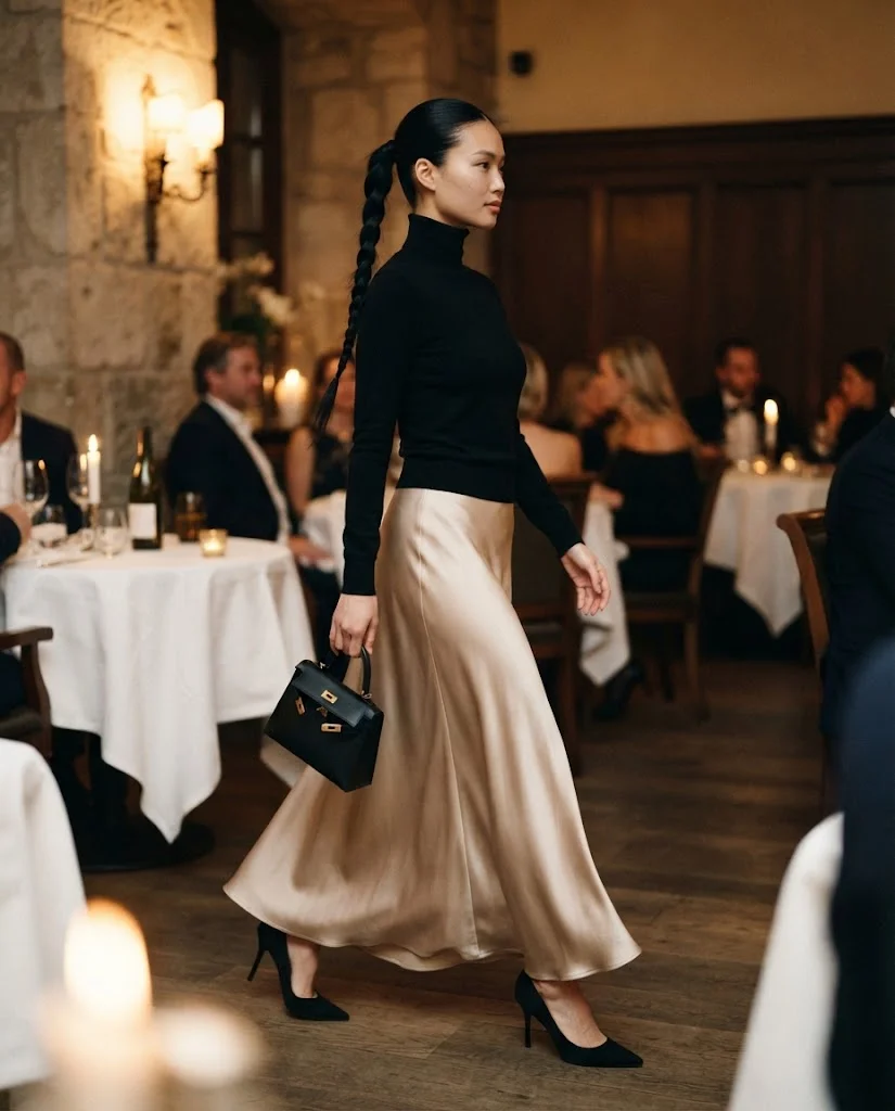 Old Money Outfits With Long Skirts: 20+ Elegant Ideas 6 woman wearing a Black Turtleneck With a Satin Long Skirt