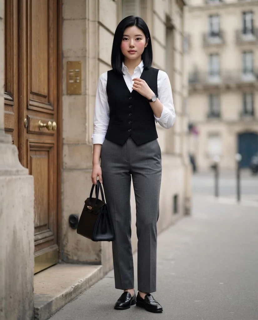 Women Wearing Black Vest With Tailored Gray Pants