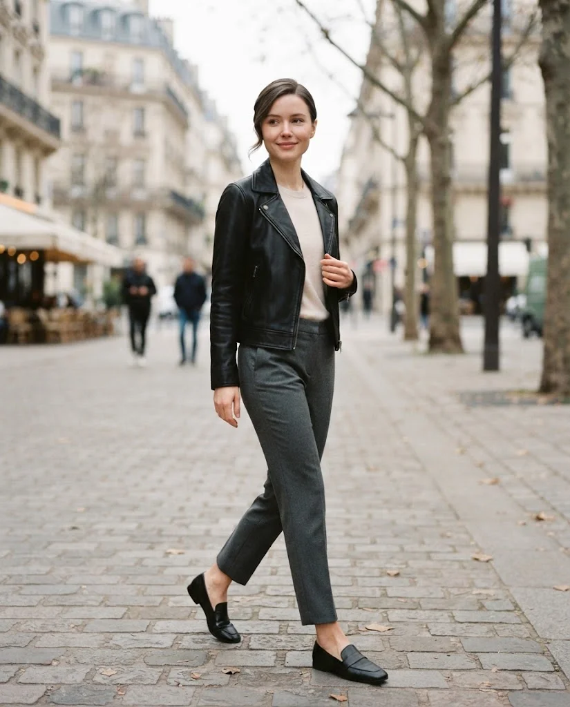 Women Wearing a Old Money Black Color Leather Jacket 
