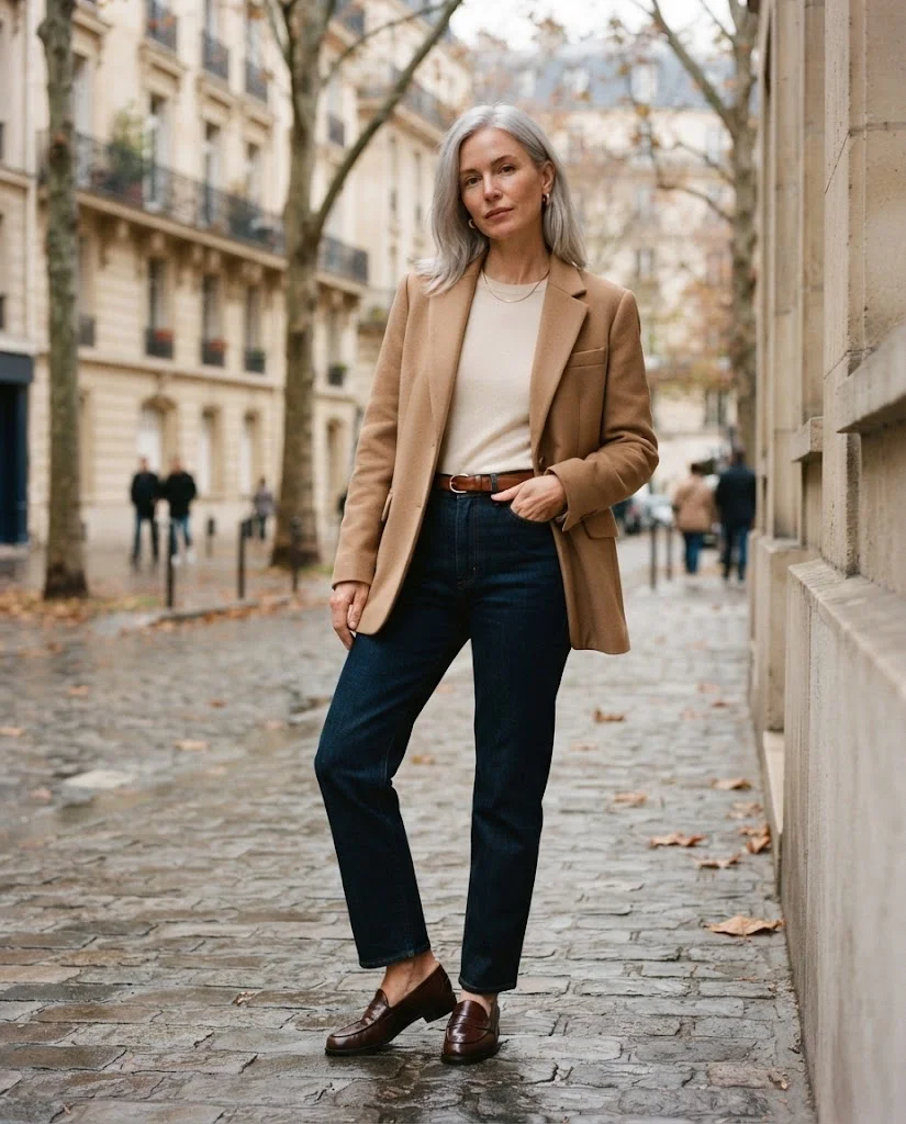 Women Wearing a Blazer, Jeans, and Loafers