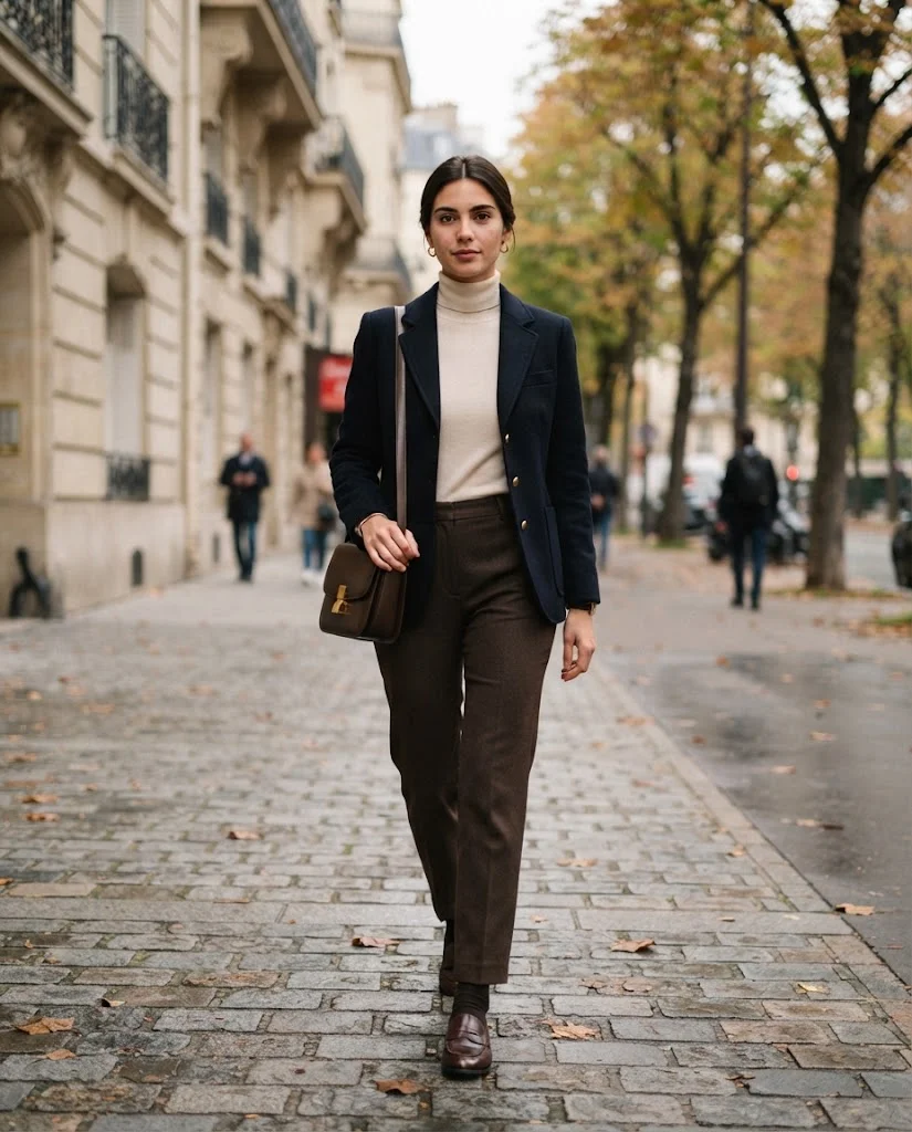 Women Wearing a Blazer, Turtleneck, and Tailored Pants