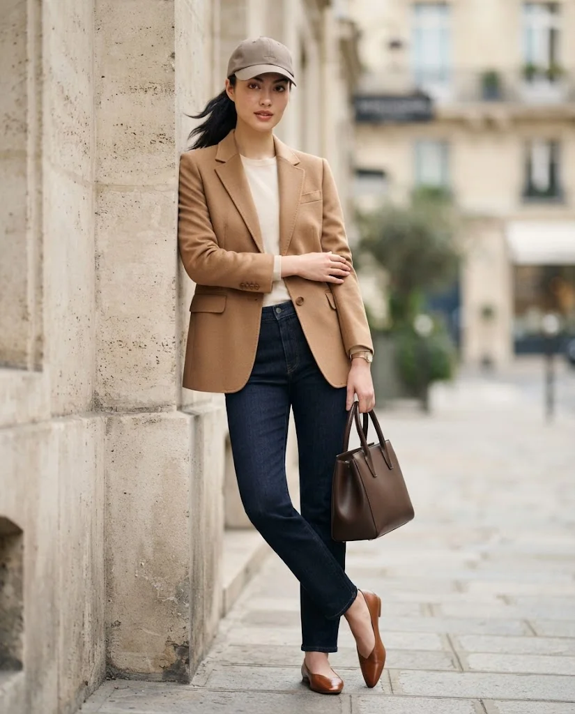 women wearing Blazer With Dark-Wash Denim and Cap