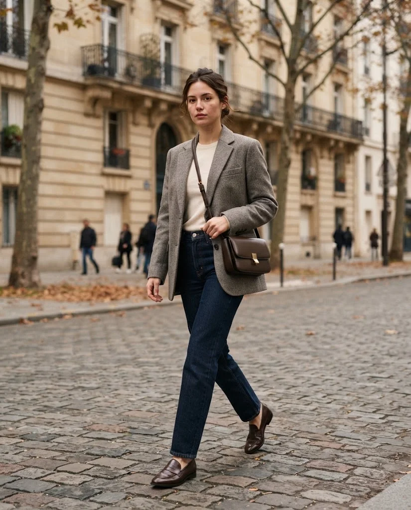 Women Wearing a Blazer and Straight-Leg Jeans