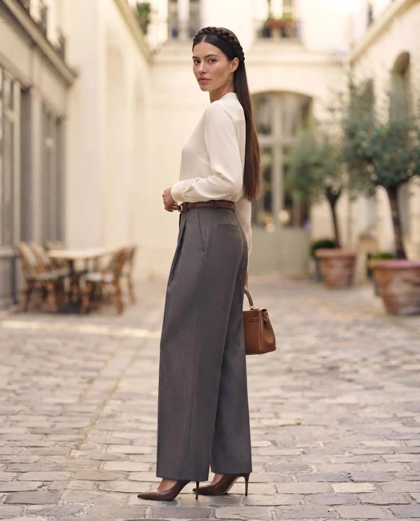 Women Wearing a Blouse and Pleated Wide-Leg Pants