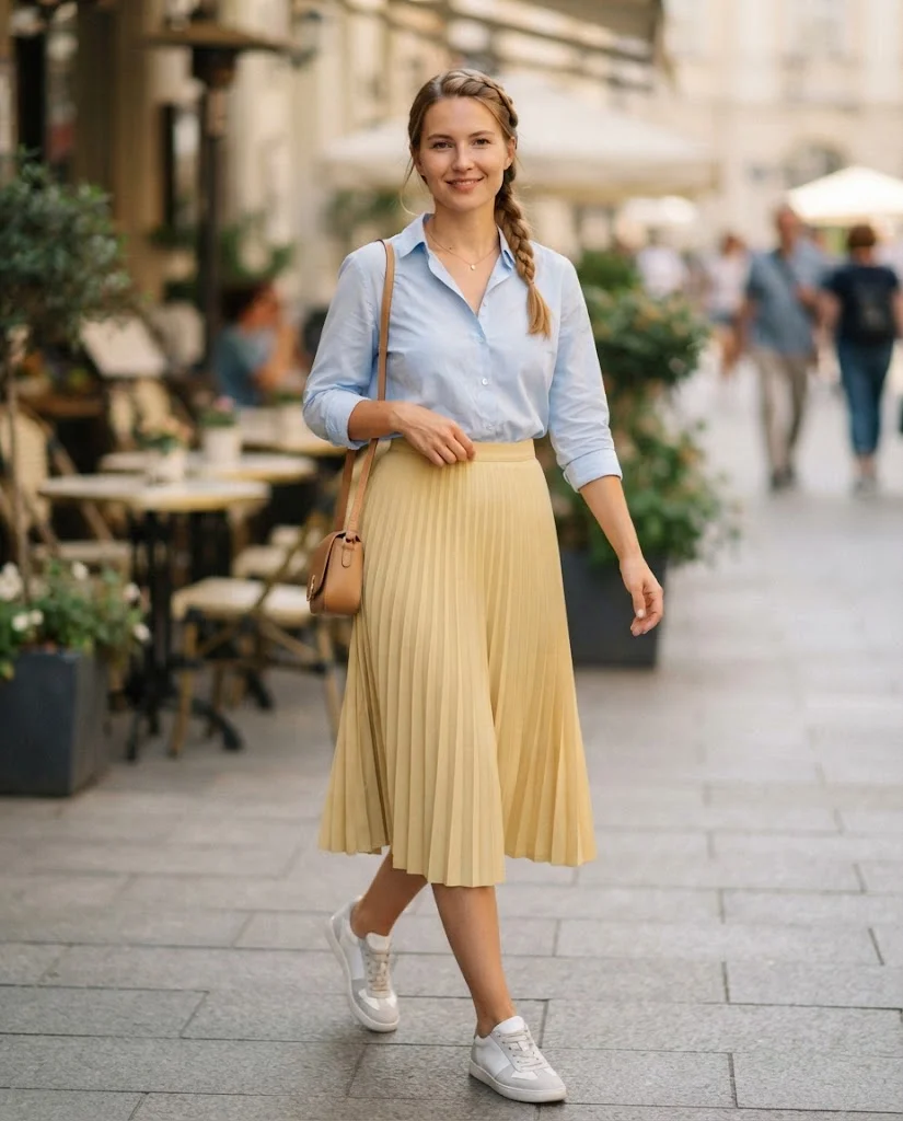 Old Money Outfits With Sneakers: 20+ Classy Outfit Ideas 18 Women Wearing a Blue Blouse and Pleated Skirt With White Sneakers