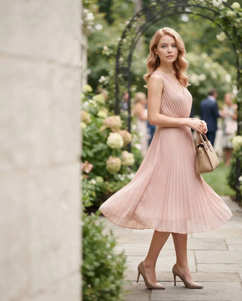 women wearing  Blush Pleated Midi Dress With Taupe Heels
