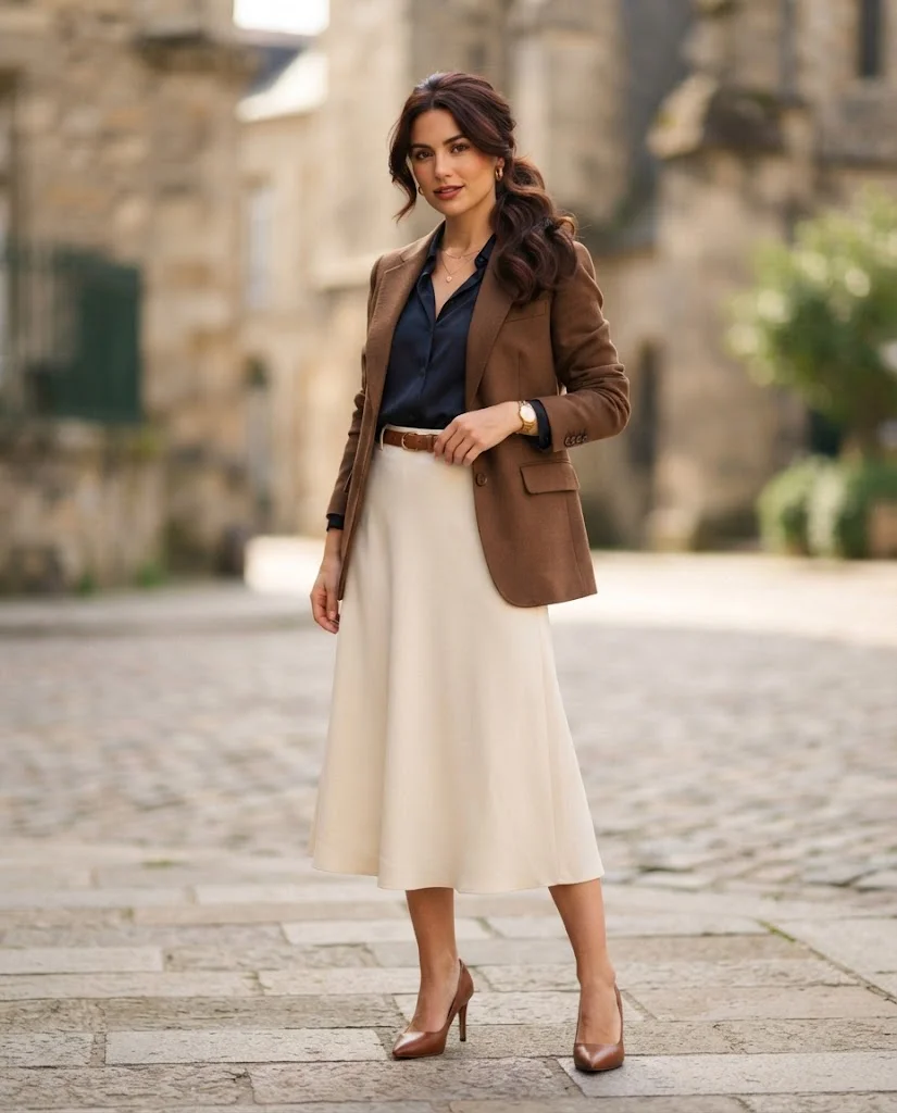 Old Money Outfits With Skirt: 20+ Elegant Outfit Ideas 8 Women Wearing a Brown Blazer and Cream Midi Skirt