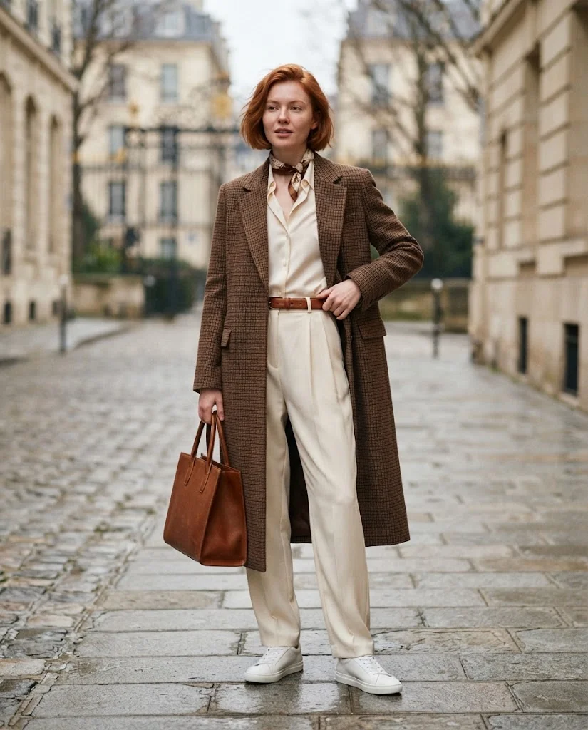 Old Money Outfits With Sneakers: 20+ Classy Outfit Ideas 12 Women Wearing a Brown Checked Coat and Pleated Trousers With Sneakers