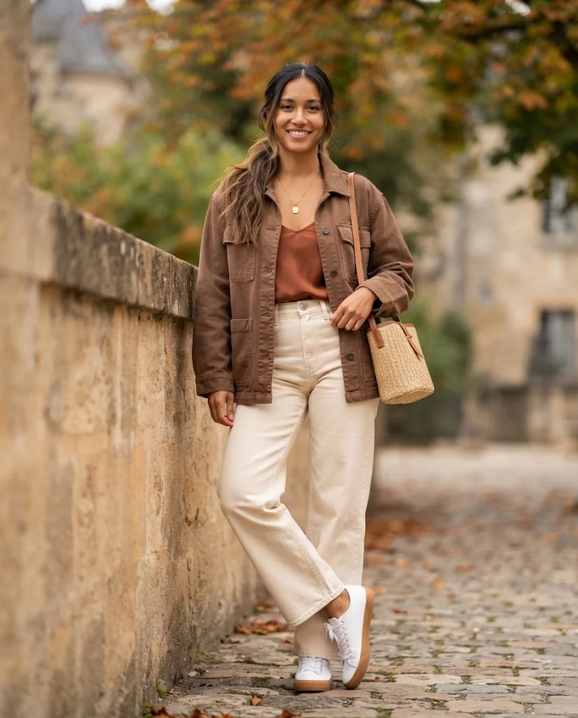 Old Money Outfits With Sneakers: 20+ Classy Outfit Ideas 19 Women Wearing a Brown Jacket and Cream Wide-Leg Jeans