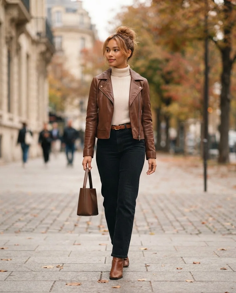 Women Wearing a Brown Leather Jacket With Cream Turtleneck and Dark Jeans