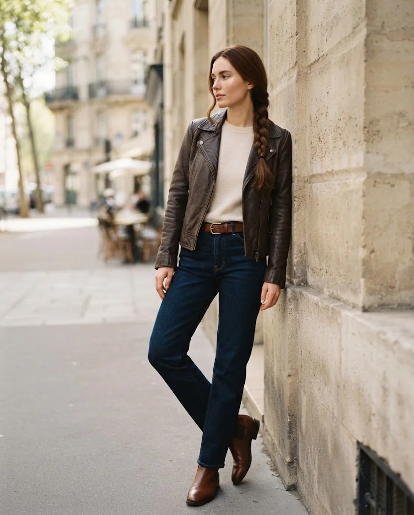  Women Wearing a  Brown Leather Jacket With Dark-Wash Straight-Leg Jeans