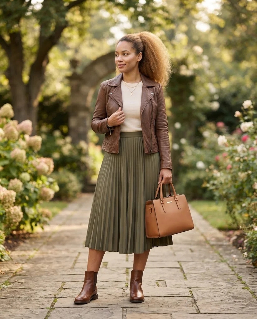 Women Wearing a Brown Leather Jacket With Olive Midi Skirt