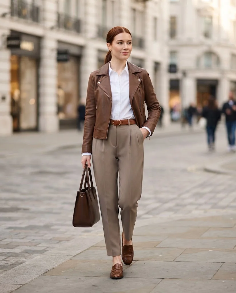 Women Wearing a Brown Leather Jacket With White Shirt and Pleated Trousers