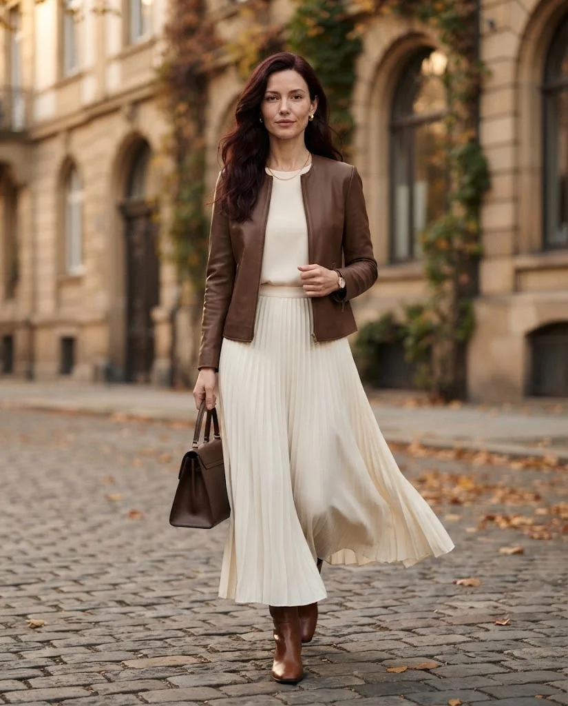 Old Money Outfits With Long Skirts: 20+ Elegant Ideas 13 woman wearing a Brown Leather Jacket With a Flowing Long Skirt