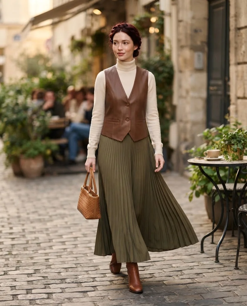 Women Wearing Brown Leather Vest With Long Skirt