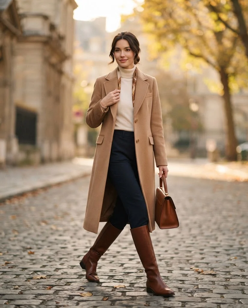 Women Wearing a Brown Riding Boots With a Long Wool Coat