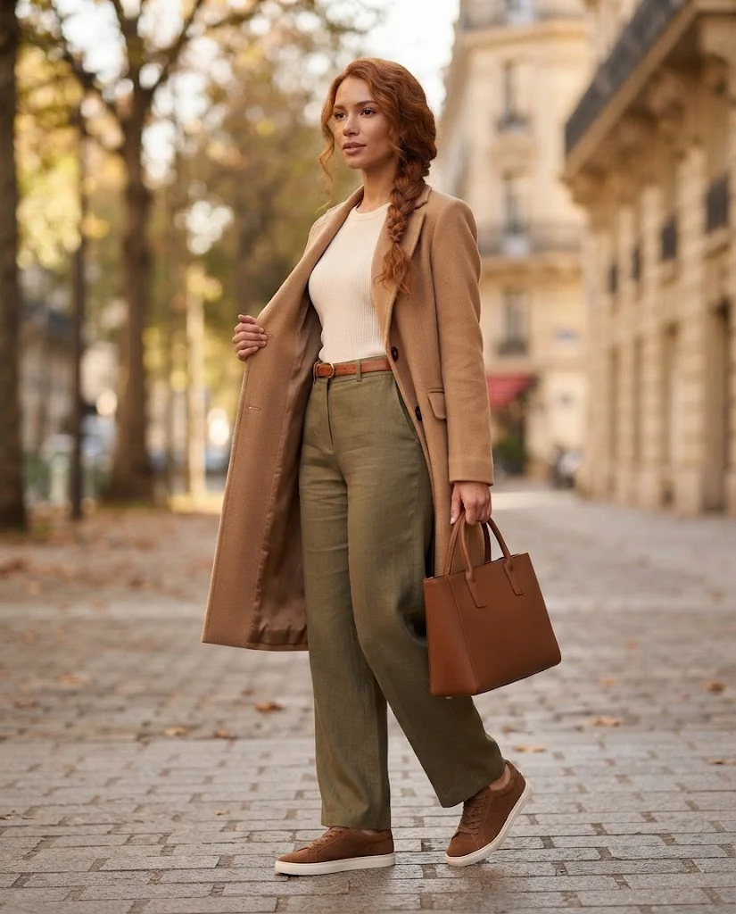 Old Money Outfits With Sneakers: 20+ Classy Outfit Ideas 36 Women Wearing a Brown Sneakers With Earth Tones