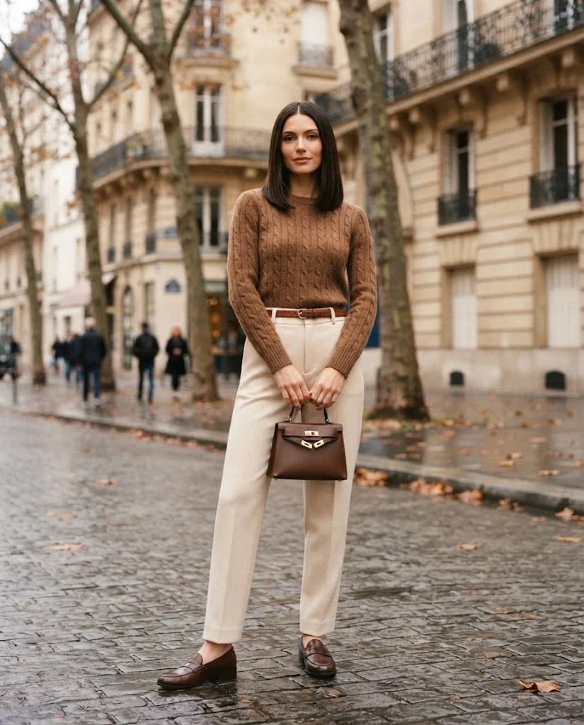 Women Wearing a Brown Sweater and Cream Pants