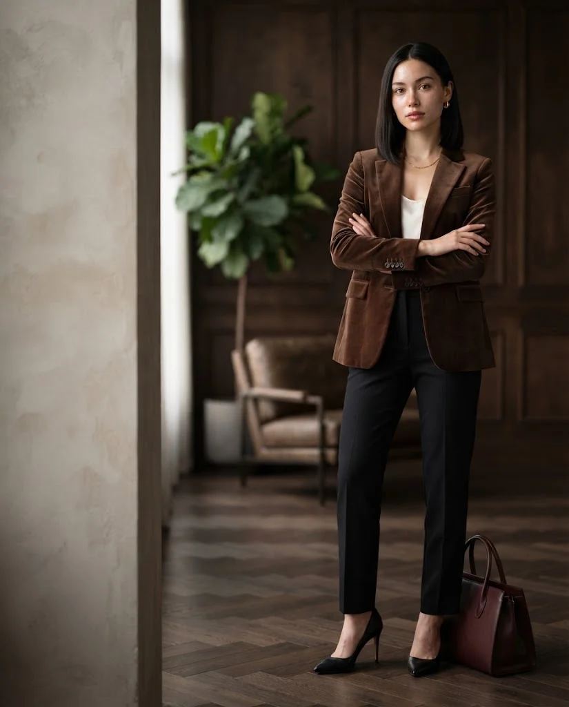 women wearing  Brown Velvet Blazer With Black Trousers