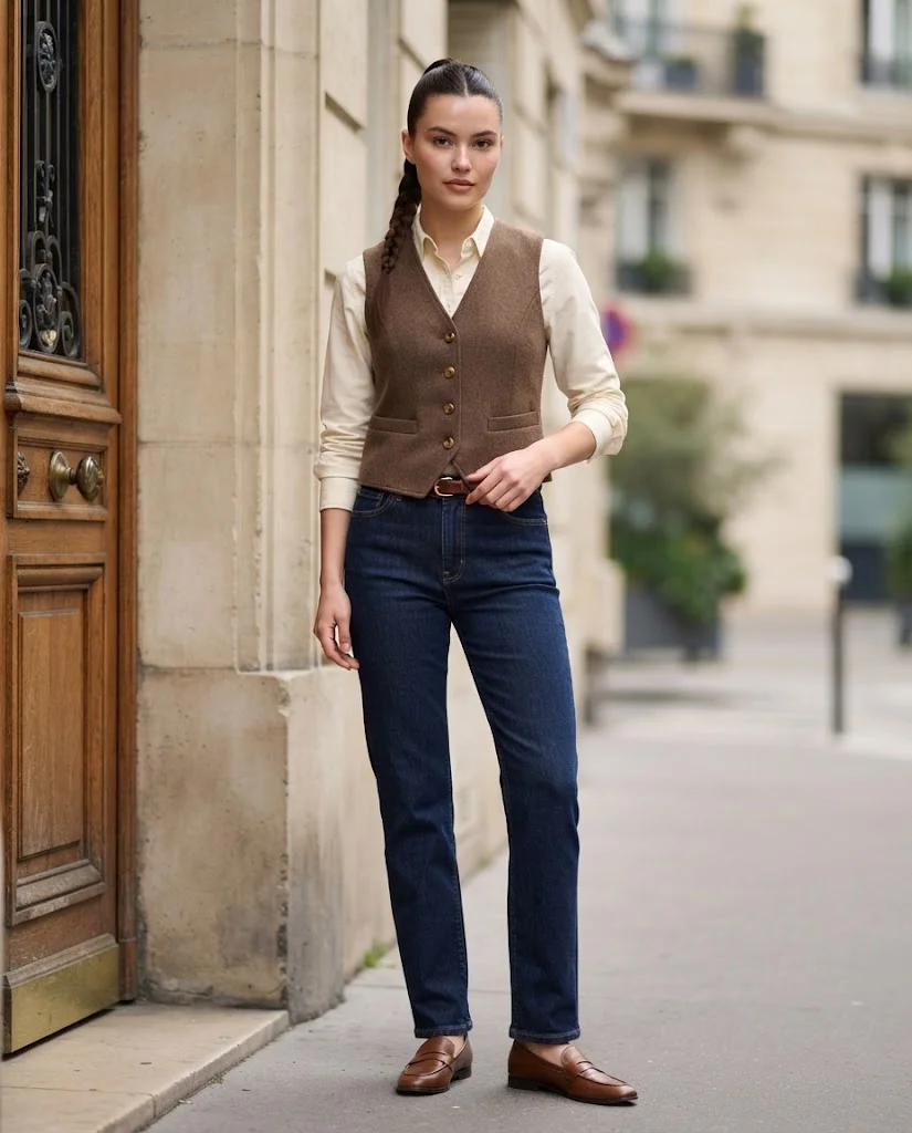 Women Wearing Brown Vest With Dark-Wash Jeans