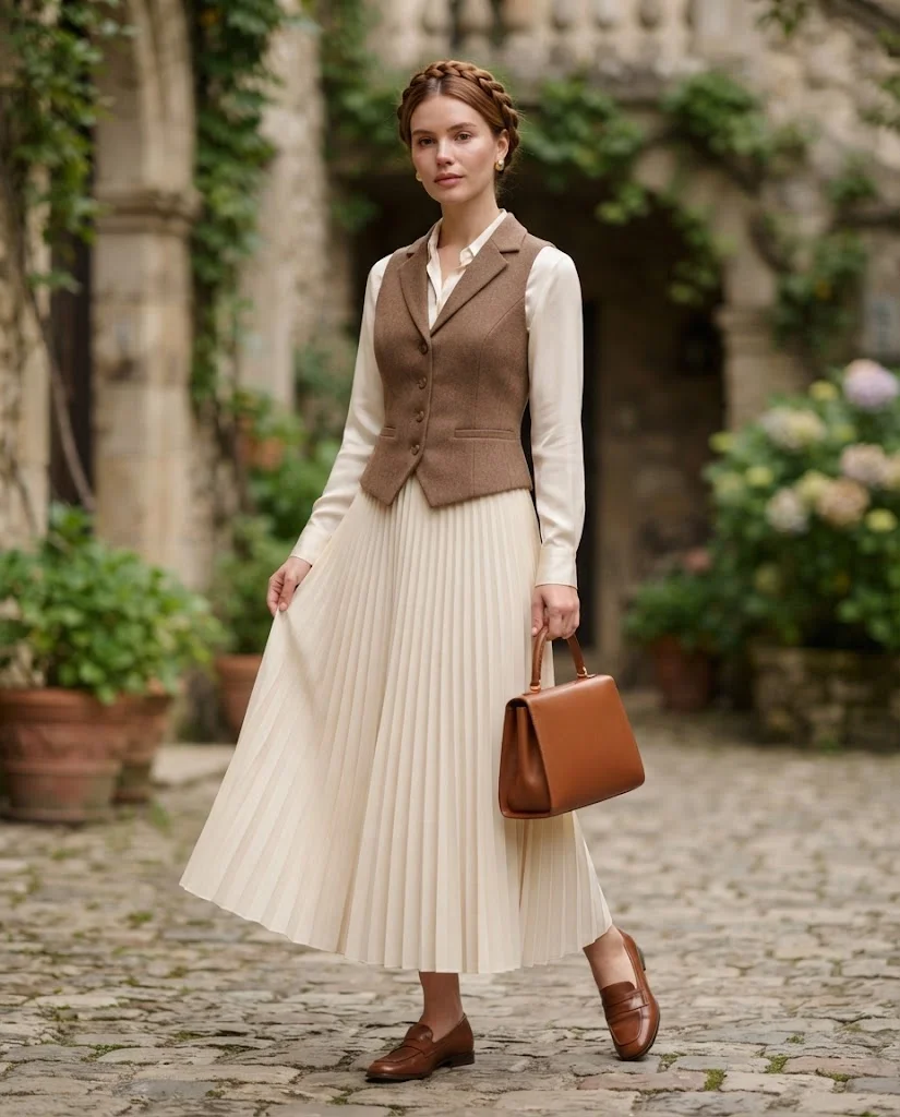 Women Wearing Brown Vest With Pleated Maxi Skirt