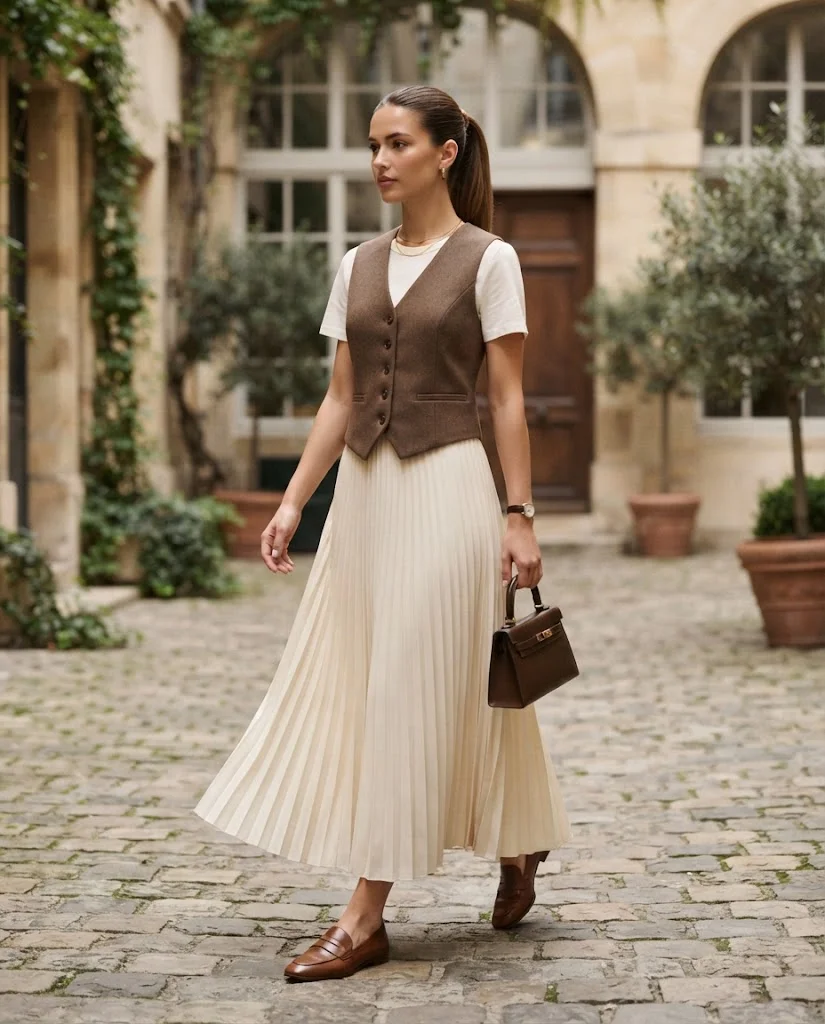 Old Money Outfits With Long Skirts: 20+ Elegant Ideas 18 woman wearing a Brown Vest With a Cream Pleated Skirt