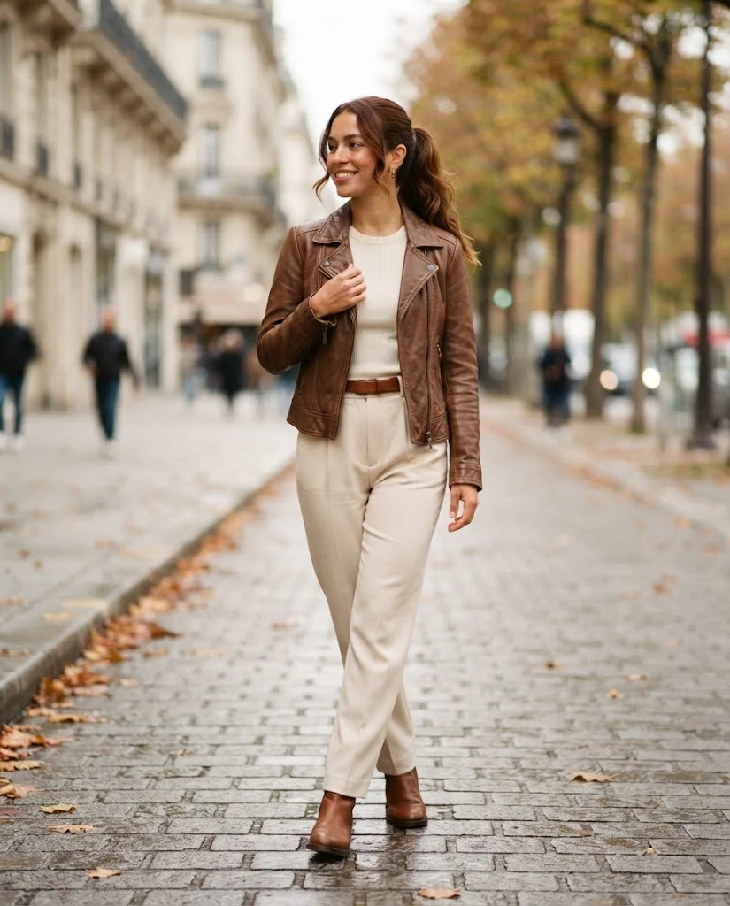 Women Wearing a Old Money  Brown Color Leather Jacket 