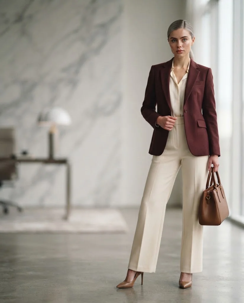 women wearing  Burgundy Blazer With Cream Trousers