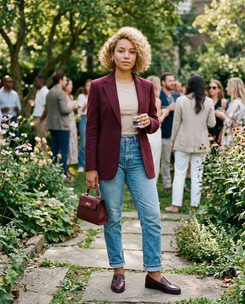 Old Money Outfits With Jeans: 20+ Polished Outfit Ideas 23 Women Wearing a Burgundy Blazer and Light-Wash Jeans