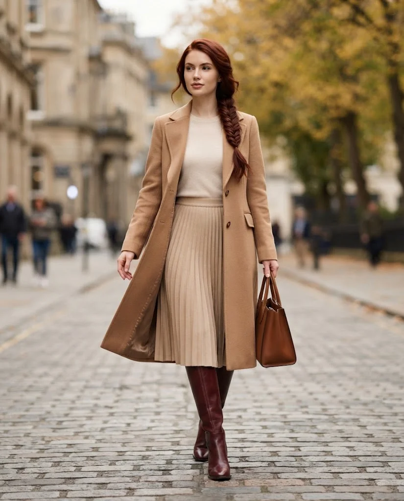 Women Wearing a  Burgundy Boots With a Camel Coat