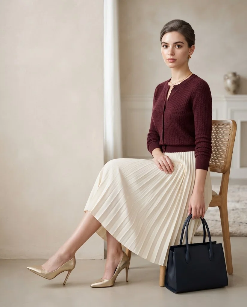 women wearing  Burgundy Cardigan With Ivory Pleated Skirt