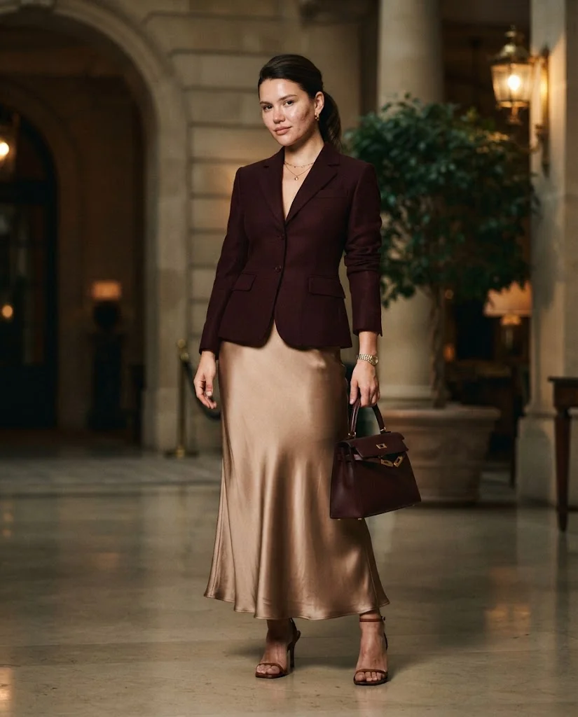 Old Money Outfits With Skirt: 20+ Elegant Outfit Ideas 18 Women Wearing a Burgundy Jacket and Bronze Satin Skirt