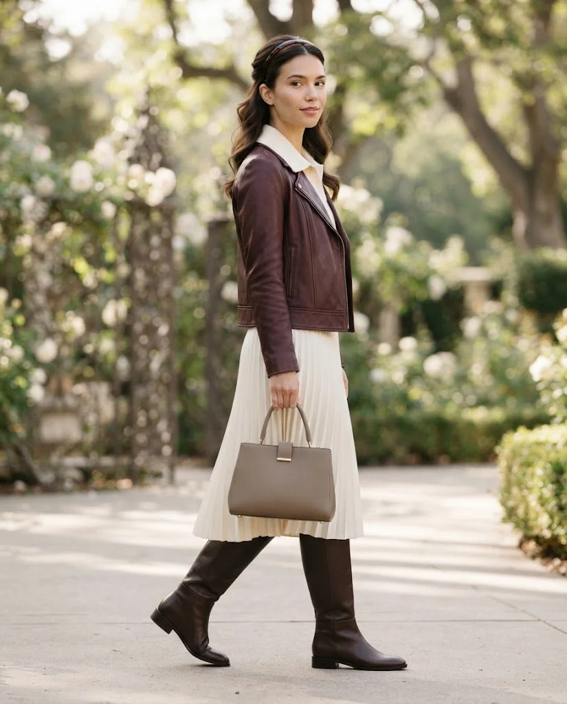 Women Wearing a Burgundy Leather Jacket With Pleated Midi Skirt