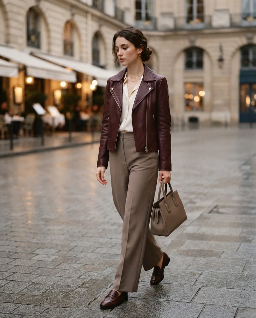 Women Wearing a Burgundy Leather Jacket With Taupe Wide-Leg Pants