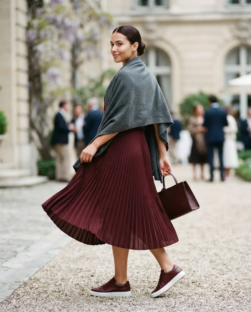 Old Money Outfits With Sneakers: 20+ Classy Outfit Ideas 16 Women Wearing a Burgundy Pleated Dress With Matching Sneakers
