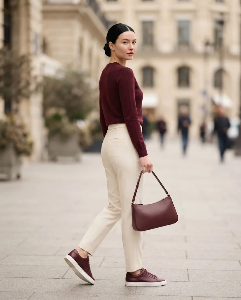 Old Money Outfits With Sneakers: 20+ Classy Outfit Ideas 38 Women Wearing a Burgundy Sneakers With Classic Neutrals