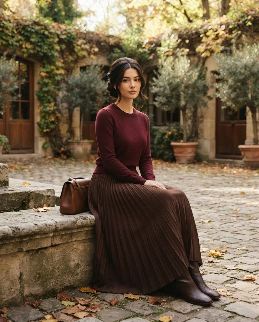 Old Money Outfits With Long Skirts: 20+ Elegant Ideas 10 woman wearing a Burgundy Sweater With a Chocolate Brown Long Skirt