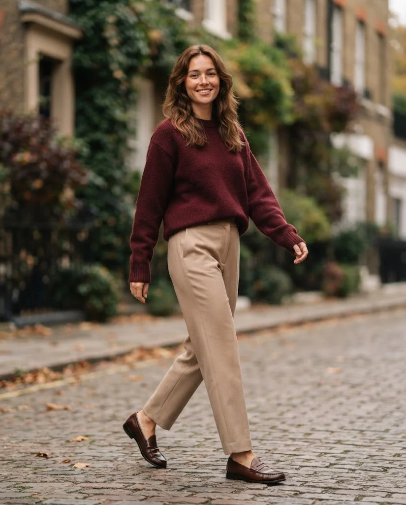 Women Wearing a Burgundy Sweater and Tailored Pants